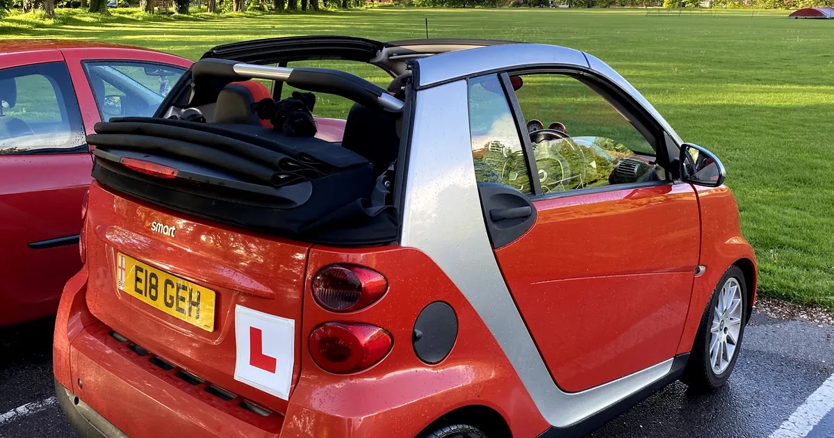 A red convertible car displaying a learner driver L-plate on its rear bumper, parked next to another car beside an open park.