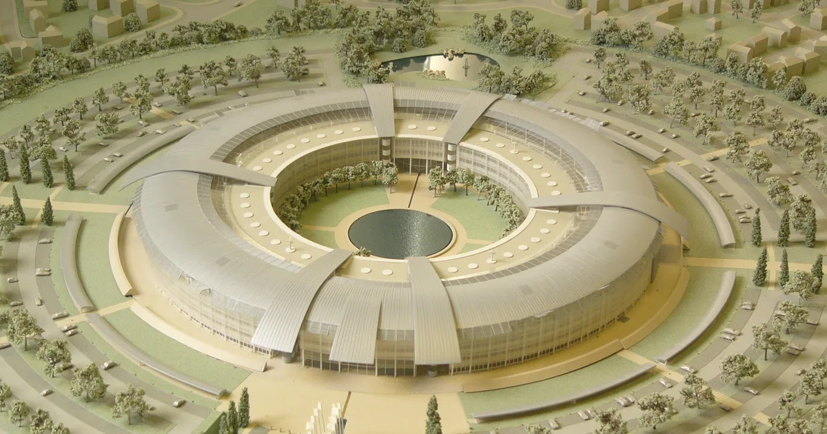GCHQ's circular headquarters building, known as the Doughnut, in Cheltenham, Gloucestershire.