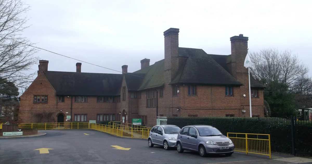 Linden Lodge School, a special school academy in Wimbledon, London, seen from the street.