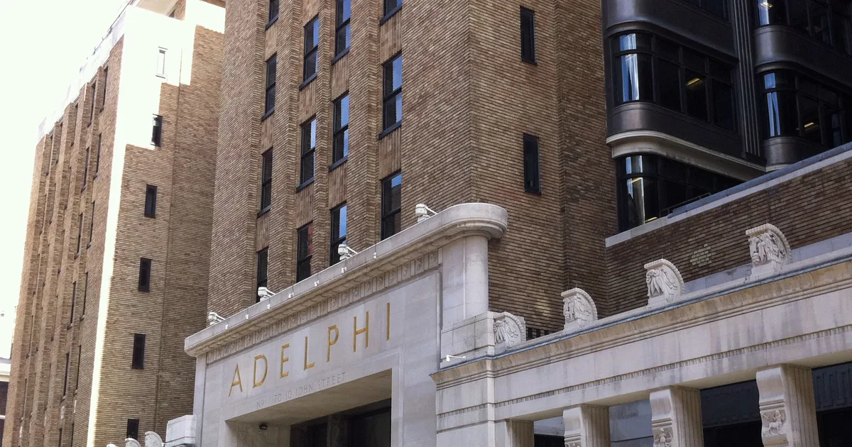 The Department for Work and Pensions office at the Adelphi building, John Adam Street, London, seen from street level.
