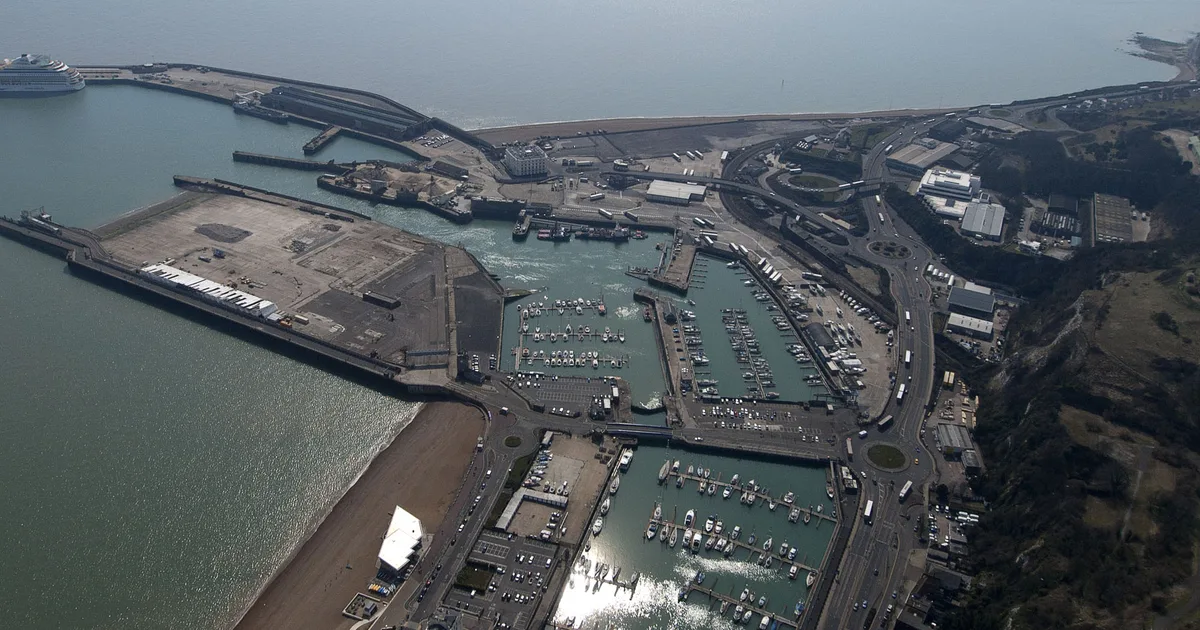 Aerial view of Dover's Western Docks ferry port, showing berths, marina and the harbour approach from the English Channel.