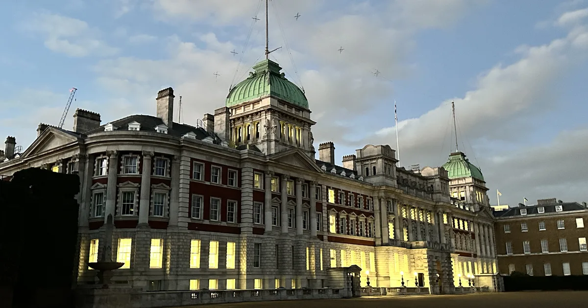The Admiralty Extension on Horse Guards Parade, London, home to the Department for Business and Trade, photographed at dusk.