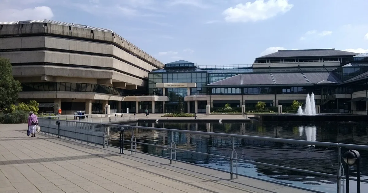 The National Archives building at Kew, London, seen from across the lake.