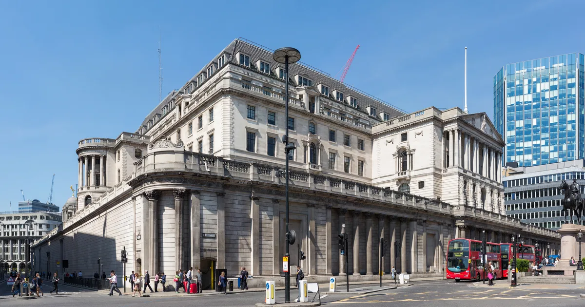 The Bank of England building on Threadneedle Street, City of London, seen from the junction with Princes Street.