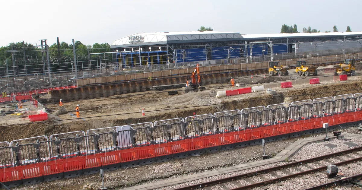 Construction of the HS2 Old Oak Common station box, London, June 2021, showing excavation and steel reinforcement work.