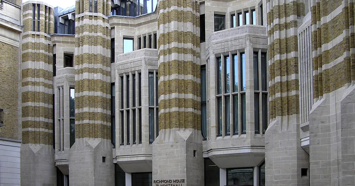 Richmond House, 79 Whitehall, a Portland stone government building with striped brick and stone piers.