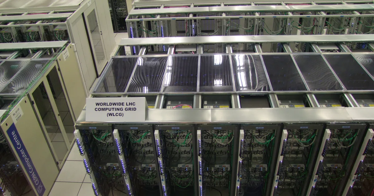 Rows of server racks forming part of the Worldwide LHC Computing Grid at CERN, Geneva.