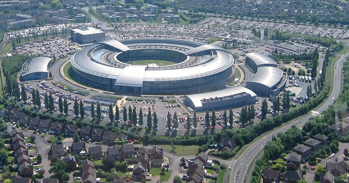 Aerial view of GCHQ, the UK signals intelligence agency, at Cheltenham, Gloucestershire.