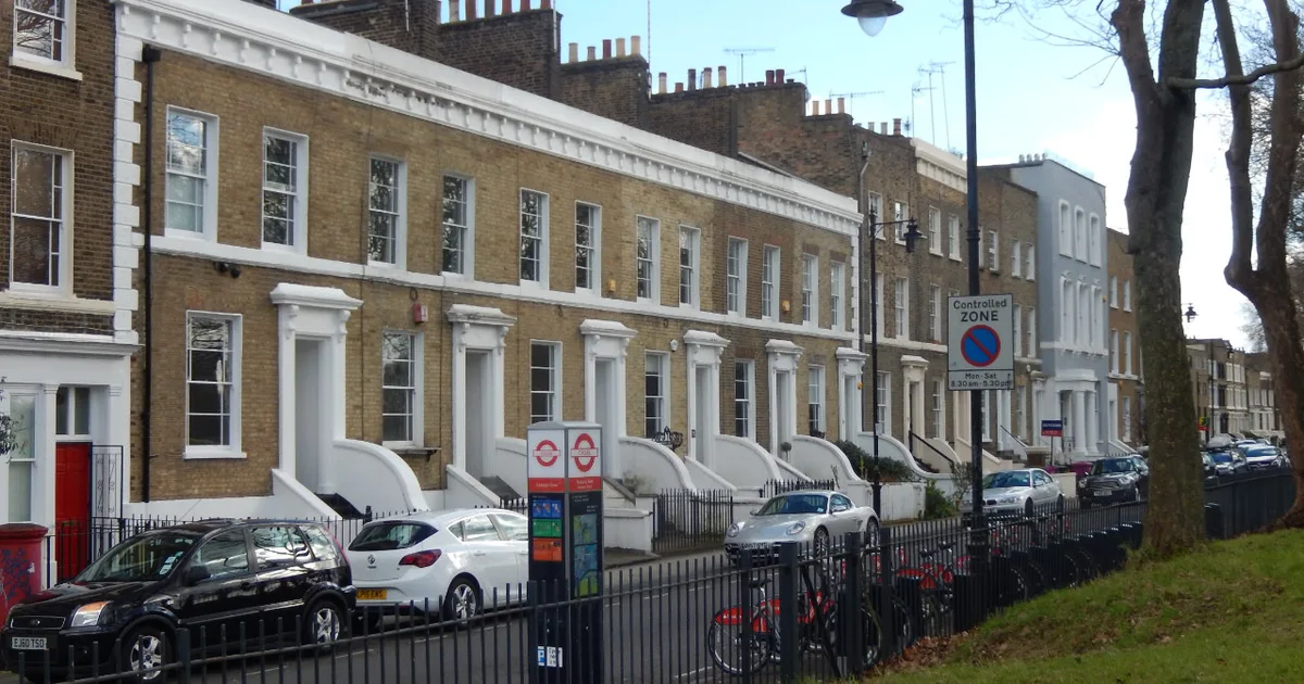 A terraced housing street in Hackney Wick, east London, of the kind privately let to tenants across England.