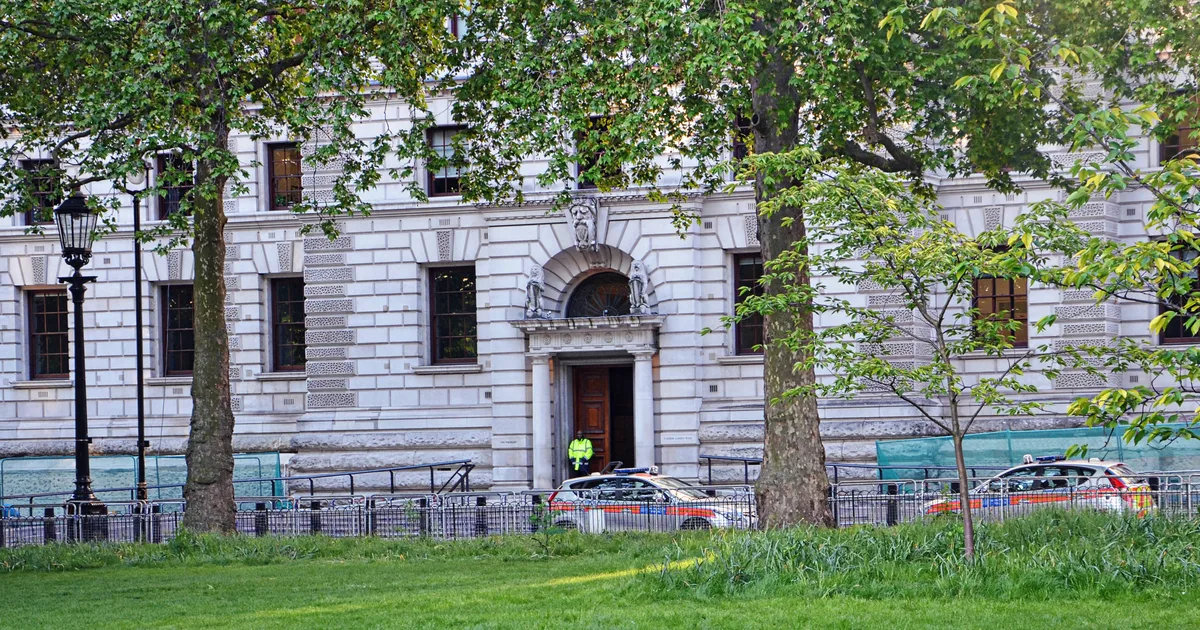 HM Treasury's building, 1 Horse Guards Road, Westminster, seen from St James's Park.