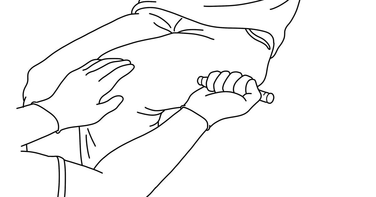 Line illustration of one person holding another person's leg steady while administering an adrenaline auto-injector.