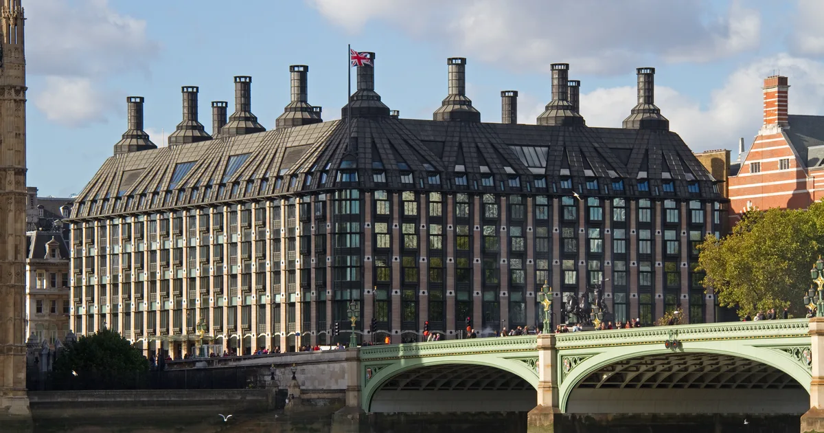 Portcullis House and Westminster Bridge, London, seen from the River Thames.