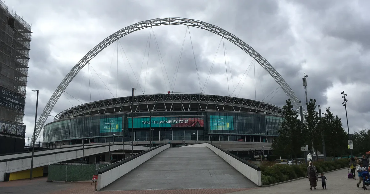 Wembley Stadium's arch, seen from Olympic Way, London.