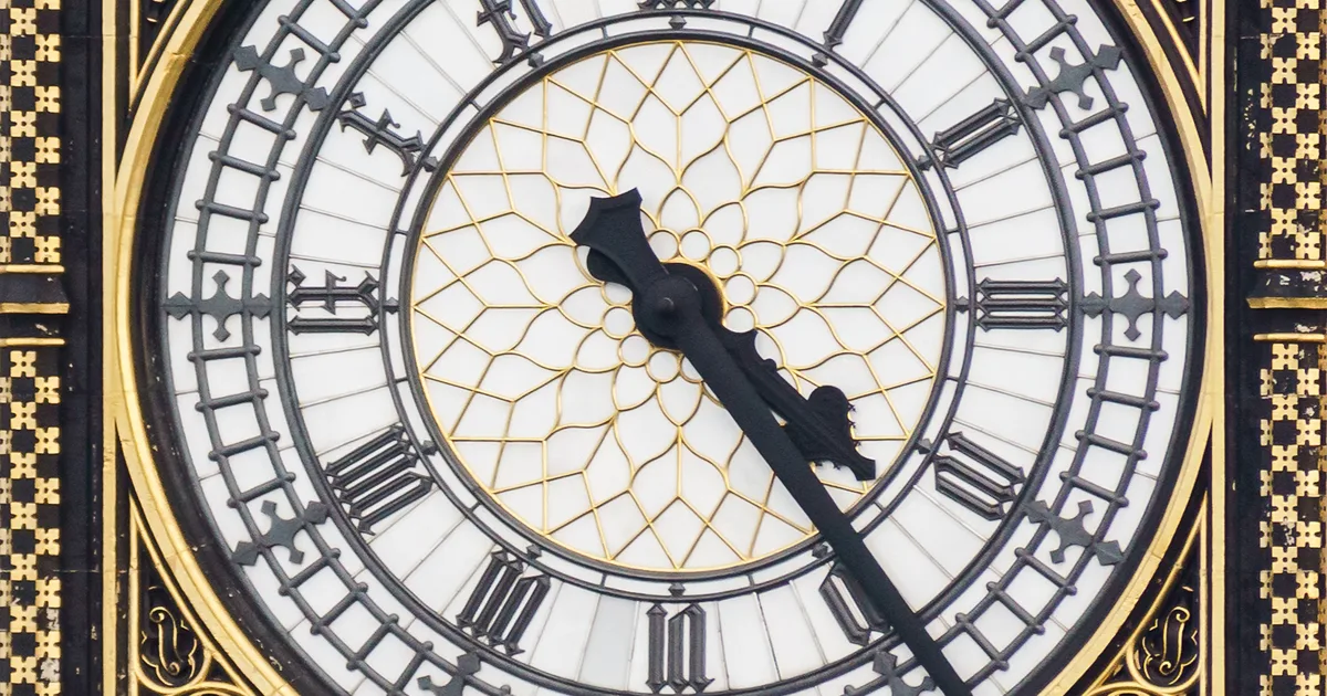 The clock face of Big Ben on the Elizabeth Tower, Palace of Westminster, London.