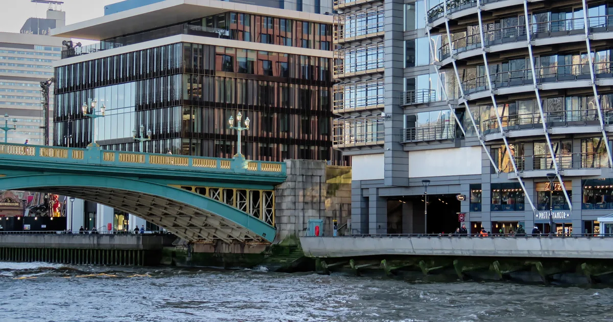 Southwark Bridge with One Southwark Bridge and Riverside House, Ofcom's headquarters, in the background.