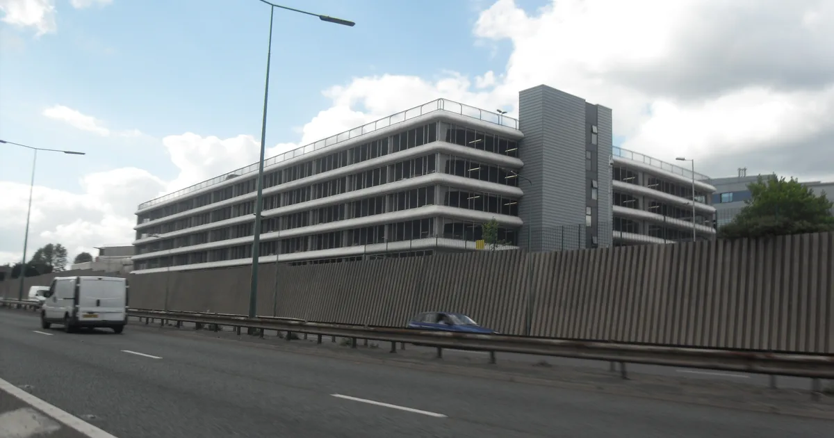A multi-storey car park beside a main road, Salford.