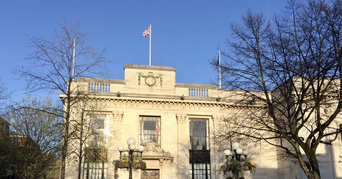 Islington Town Hall, London, photographed from Upper Street, April 2021.