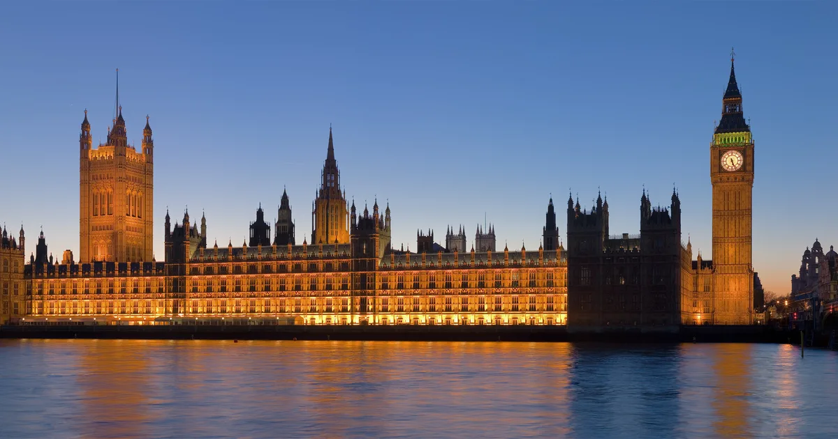 The Palace of Westminster, seen from the south bank of the River Thames.